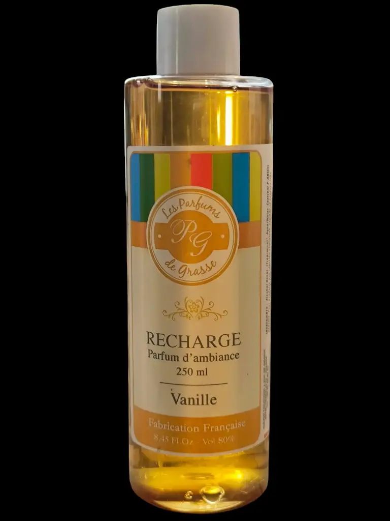 Parfum d'Ambiance-Recharge diffuseur 250ml- Vanille "OFFERT un spray parfum d'ambiance Poudre de coton" (voir photo) fin de série